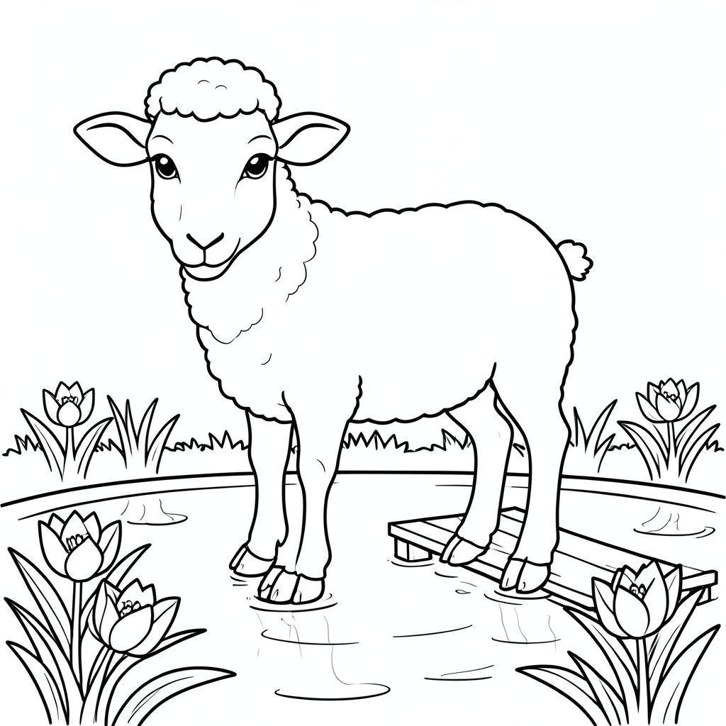 solo, chủ đề đơn, một đầu, hai mắt, hai tai, bốn chân, một đuôi, tỷ lệ tự nhiên, quy mô thích hợp trong môi trường, đúng về mặt giải phẫu, Cừu, ao hoa huệ, miếng đệm, bến tàu nhỏ, Nước, ánh sáng mặt trời, rõ ràng, mượt mà, đơn giản, lý lịch, hòa bình, tô màu, nghệ thuật đường, nền trắng, solo, chủ đề đơn, đúng về mặt giải phẫu, giải phẫu hoàn hảo