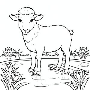 solo, chủ đề đơn, một đầu, hai mắt, hai tai, bốn chân, một đuôi, tỷ lệ tự nhiên, quy mô thích hợp trong môi trường, đúng về mặt giải phẫu, Cừu, ao hoa huệ, miếng đệm, bến tàu nhỏ, Nước, ánh sáng mặt trời, rõ ràng, mượt mà, đơn giản, lý lịch, hòa bình, tô màu, nghệ thuật đường, nền trắng, solo, chủ đề đơn, đúng về mặt giải phẫu, giải phẫu hoàn hảo