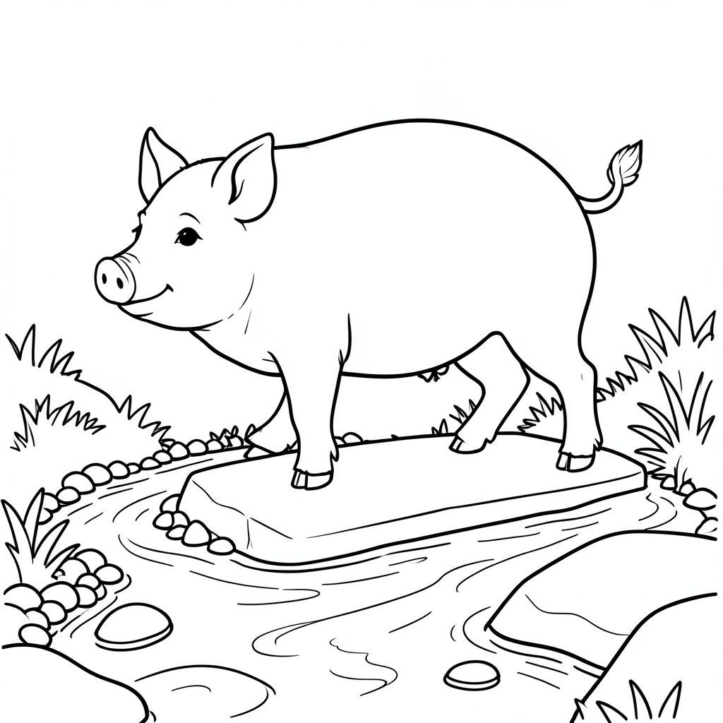 solo, chủ đề đơn, một đầu, hai mắt, hai tai, bốn chân, một đuôi, tỷ lệ tự nhiên, quy mô thích hợp trong môi trường, đúng về mặt giải phẫu, Con lợn, bước đệm, con đường, suối, nông, nhẹ nhàng, Nước, rõ ràng, mịn, đá, đá cuội, trang màu, nghệ thuật đường, nền trắng, solo, chủ đề đơn, đúng về mặt giải phẫu, giải phẫu hoàn hảo