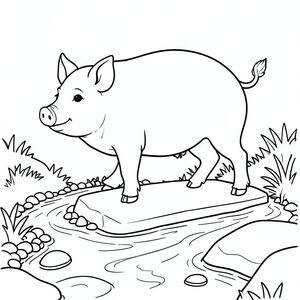 solo, chủ đề đơn, một đầu, hai mắt, hai tai, bốn chân, một đuôi, tỷ lệ tự nhiên, quy mô thích hợp trong môi trường, đúng về mặt giải phẫu, Con lợn, bước đệm, con đường, suối, nông, nhẹ nhàng, Nước, rõ ràng, mịn, đá, đá cuội, trang màu, nghệ thuật đường, nền trắng, solo, chủ đề đơn, đúng về mặt giải phẫu, giải phẫu hoàn hảo