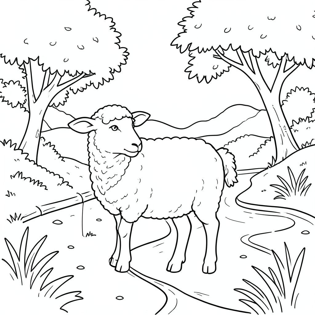 solo, chủ đề đơn, một đầu, hai mắt, hai tai, bốn chân, một đuôi, tỷ lệ tự nhiên, quy mô thích hợp trong môi trường, đúng giải phẫu, Cừu, Sông, uốn cong, cát, ngân hàng, cây, Tán lá, ánh sáng mặt trời, trong sáng, điềm tĩnh, yên bình, trang màu, nghệ thuật đường, nền trắng, solo, chủ đề đơn, đúng giải phẫu, giải phẫu hoàn hảo