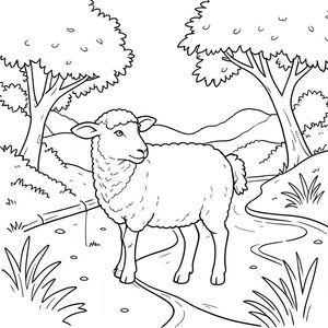 solo, chủ đề đơn, một đầu, hai mắt, hai tai, bốn chân, một đuôi, tỷ lệ tự nhiên, quy mô thích hợp trong môi trường, đúng giải phẫu, Cừu, Sông, uốn cong, cát, ngân hàng, cây, Tán lá, ánh sáng mặt trời, trong sáng, điềm tĩnh, yên bình, trang màu, nghệ thuật đường, nền trắng, solo, chủ đề đơn, đúng giải phẫu, giải phẫu hoàn hảo