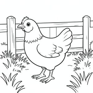 solo, single bird, one head, two eyes, one beak, two wings, two legs, one tail, natural proportions, proper scale in environment, anatomically correct, Chicken, Rustic gate, wooden, grassy footpath, simple background, clean, country, path, small, storybook, pure, coloring page, line art, white background, solo, single subject, anatomically correct, perfect anatomy