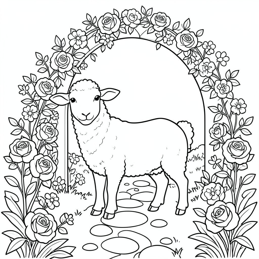 solo, single subject, one head, two eyes, two ears, four legs, one tail, natural proportions, proper scale in environment, anatomically correct, Sheep, garden path, winding, archway, roses, climbing, flowers, smooth stones, sunlight, clear, simple, coloring page, line art, white background, solo, single subject, anatomically correct, perfect anatomy