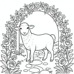 solo, single subject, one head, two eyes, two ears, four legs, one tail, natural proportions, proper scale in environment, anatomically correct, Sheep, garden path, winding, archway, roses, climbing, flowers, smooth stones, sunlight, clear, simple, coloring page, line art, white background, solo, single subject, anatomically correct, perfect anatomy