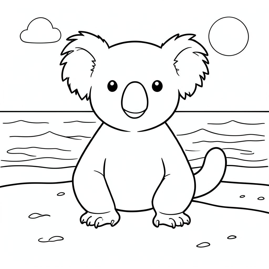 solo, single subject, one head, two eyes, two ears, four legs, one tail, natural proportions, proper scale in environment, anatomically correct, Koala, Sandy beach, sand, water, clear sky, sunlight, waves, calm, gentle, small, simple, coloring page, line art, white background, solo, single subject, anatomically correct, perfect anatomy