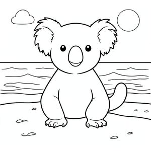 solo, single subject, one head, two eyes, two ears, four legs, one tail, natural proportions, proper scale in environment, anatomically correct, Koala, Sandy beach, sand, water, clear sky, sunlight, waves, calm, gentle, small, simple, coloring page, line art, white background, solo, single subject, anatomically correct, perfect anatomy