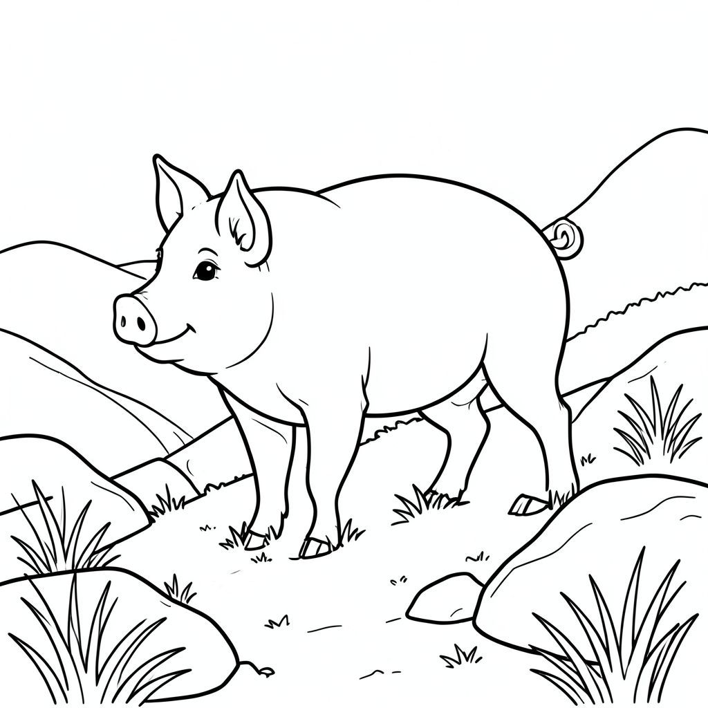 solo, single subject, one head, two eyes, two ears, four legs, one tail, natural proportions, proper scale in environment, anatomically correct, Pig, foothill slope, boulders, dry grass, sunlight, simple background, clean, pure, storybook, simple, background, coloring page, line art, white background, solo, single subject, anatomically correct, perfect anatomy