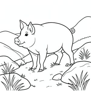 solo, single subject, one head, two eyes, two ears, four legs, one tail, natural proportions, proper scale in environment, anatomically correct, Pig, foothill slope, boulders, dry grass, sunlight, simple background, clean, pure, storybook, simple, background, coloring page, line art, white background, solo, single subject, anatomically correct, perfect anatomy
