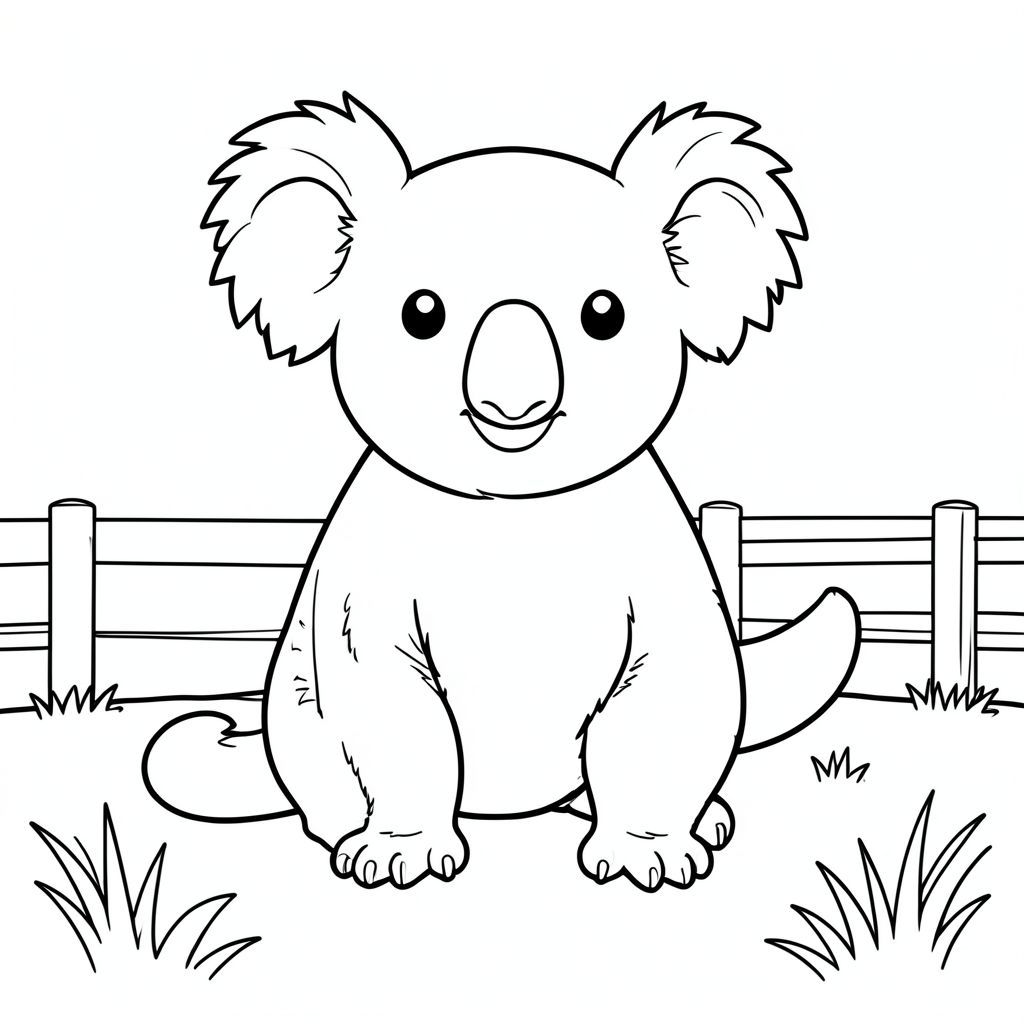 solo, single subject, one head, two eyes, two ears, four legs, one tail, natural proportions, proper scale in environment, anatomically correct, Koala, grass, open space, simple fence, clean background, background, simple, pure, storybook, illustration, pure, coloring page, line art, white background, solo, single subject, anatomically correct, perfect anatomy