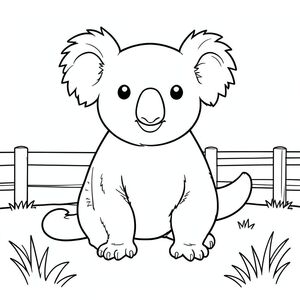 solo, single subject, one head, two eyes, two ears, four legs, one tail, natural proportions, proper scale in environment, anatomically correct, Koala, grass, open space, simple fence, clean background, background, simple, pure, storybook, illustration, pure, coloring page, line art, white background, solo, single subject, anatomically correct, perfect anatomy
