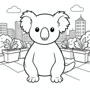 solo, single subject, one head, two eyes, two ears, four legs, one tail, natural proportions, proper scale in environment, anatomically correct, Koala, Rooftop, city building, raised planters, skyline, greenery, sunlight, clean, simple, background, pixel art, coloring page, line art, white background, solo, single subject, anatomically correct, perfect anatomy