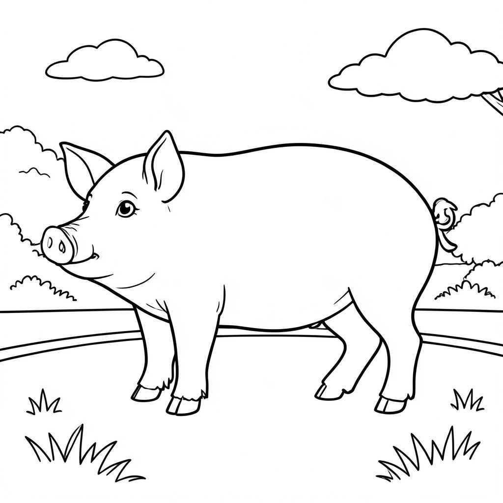 solo, single subject, one head, two eyes, two ears, four legs, one tail, natural proportions, proper scale in environment, anatomically correct, Pig, road, suburban, side, simple, clean, background, grassy, small, single, sunlight, coloring page, line art, white background, solo, single subject, anatomically correct, perfect anatomy
