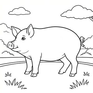 solo, single subject, one head, two eyes, two ears, four legs, one tail, natural proportions, proper scale in environment, anatomically correct, Pig, road, suburban, side, simple, clean, background, grassy, small, single, sunlight, coloring page, line art, white background, solo, single subject, anatomically correct, perfect anatomy