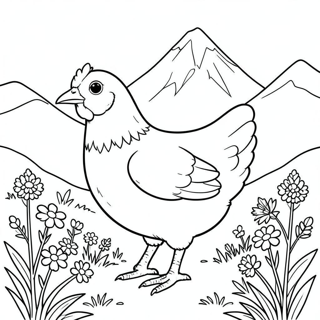 solo, single bird, one head, two eyes, one beak, two wings, two legs, one tail, natural proportions, proper scale in environment, anatomically correct, Chicken, Mountain, trail, wildflowers, distant peak, simple background, clean, pure, simple, background, landscape, coloring page, line art, white background, solo, single subject, anatomically correct, perfect anatomy