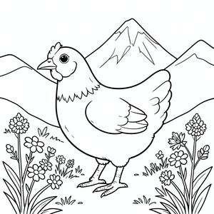 solo, single bird, one head, two eyes, one beak, two wings, two legs, one tail, natural proportions, proper scale in environment, anatomically correct, Chicken, Mountain, trail, wildflowers, distant peak, simple background, clean, pure, simple, background, landscape, coloring page, line art, white background, solo, single subject, anatomically correct, perfect anatomy