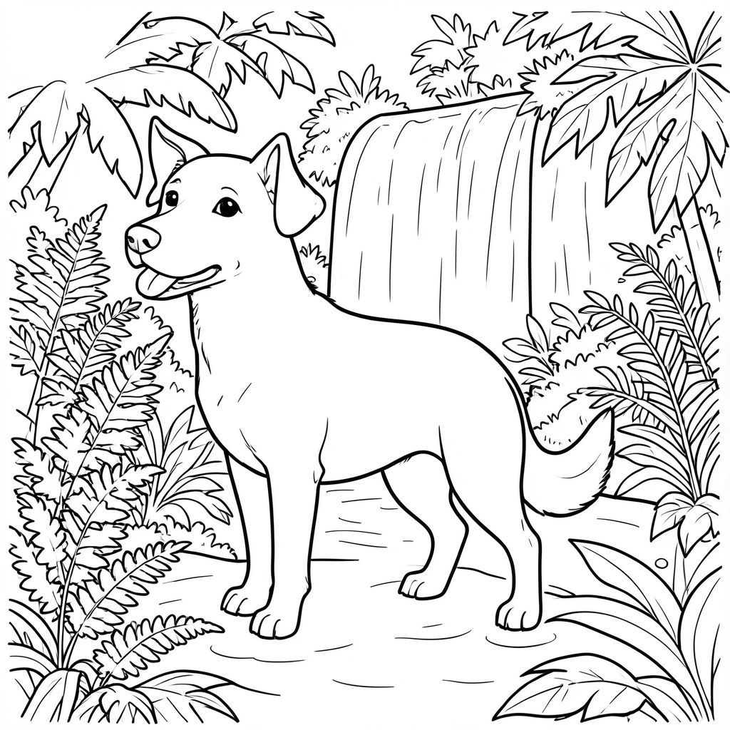 solo, single subject, one head, two eyes, two ears, four legs, one tail, natural proportions, proper scale in environment, anatomically correct, dog, Ferns, lush, tropical, garden, waterfall, gentle, flowing, clear, water, sunlight, coloring page, line art, white background, solo, single subject, anatomically correct, perfect anatomy