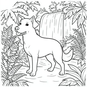 solo, single subject, one head, two eyes, two ears, four legs, one tail, natural proportions, proper scale in environment, anatomically correct, dog, Ferns, lush, tropical, garden, waterfall, gentle, flowing, clear, water, sunlight, coloring page, line art, white background, solo, single subject, anatomically correct, perfect anatomy