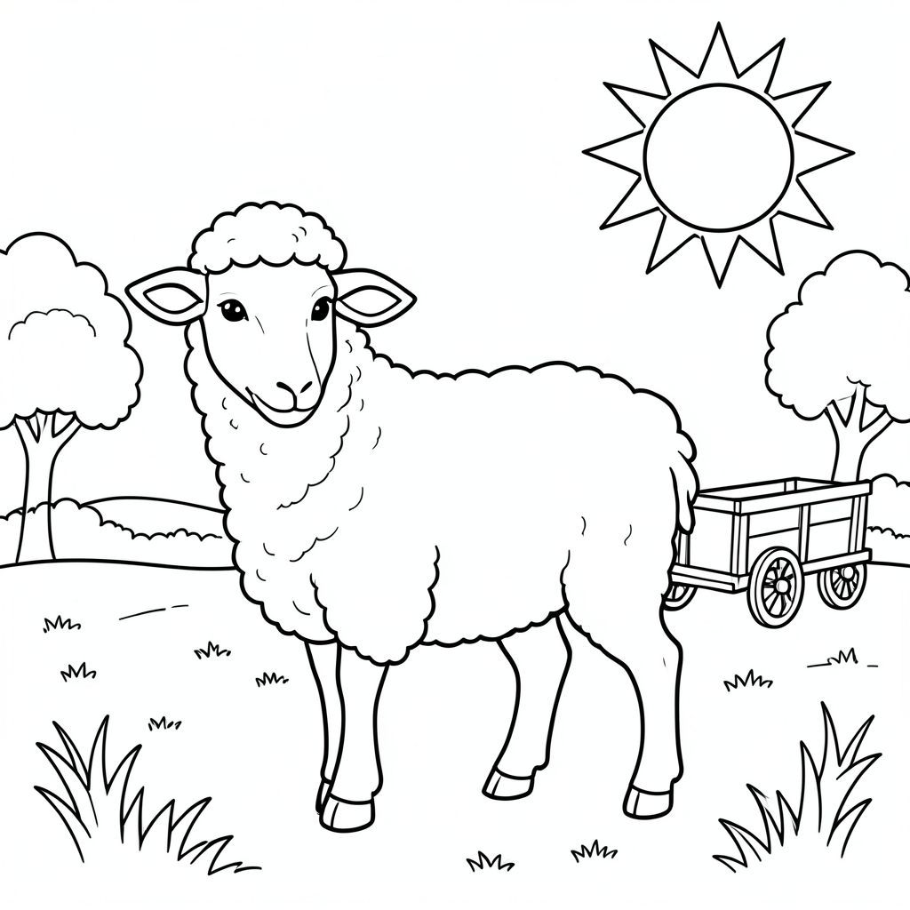 solo, single subject, one head, two eyes, two ears, four legs, one tail, natural proportions, proper scale in environment, anatomically correct, Sheep, sun, park, children, ice, cart, sunny, grassy, simple, background, clean, coloring page, line art, white background, solo, single subject, anatomically correct, perfect anatomy