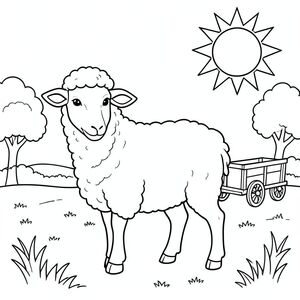solo, single subject, one head, two eyes, two ears, four legs, one tail, natural proportions, proper scale in environment, anatomically correct, Sheep, sun, park, children, ice, cart, sunny, grassy, simple, background, clean, coloring page, line art, white background, solo, single subject, anatomically correct, perfect anatomy