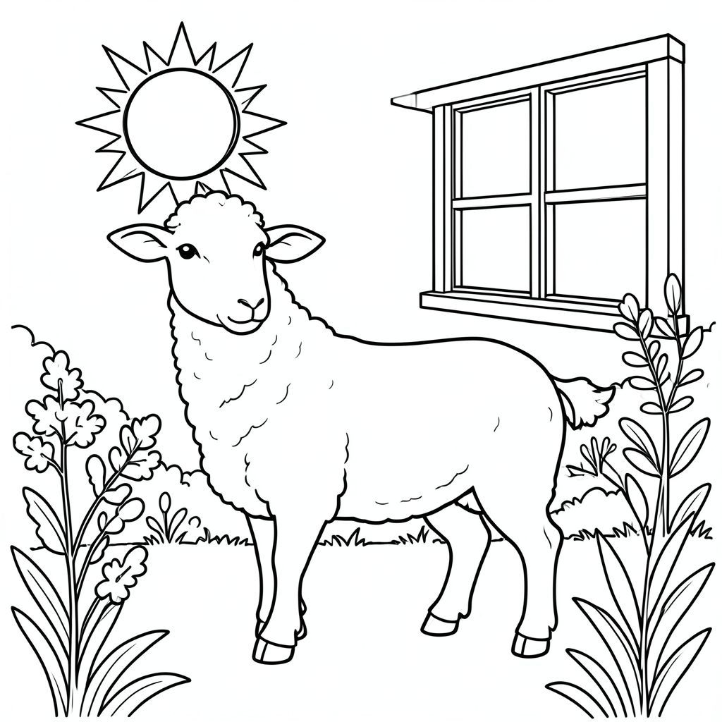 solo, single subject, one head, two eyes, two ears, four legs, one tail, natural proportions, proper scale in environment, anatomically correct, Sheep, sun, clear, window, bay, plants, foliage, simple, clean, background, outdoor, coloring page, line art, white background, solo, single subject, anatomically correct, perfect anatomy