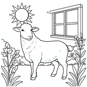 solo, single subject, one head, two eyes, two ears, four legs, one tail, natural proportions, proper scale in environment, anatomically correct, Sheep, sun, clear, window, bay, plants, foliage, simple, clean, background, outdoor, coloring page, line art, white background, solo, single subject, anatomically correct, perfect anatomy