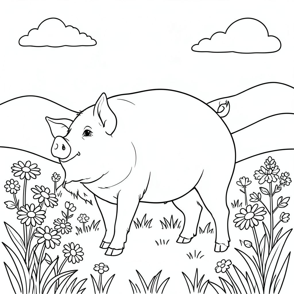 solo, single subject, one head, two eyes, two ears, four legs, one tail, natural proportions, proper scale in environment, anatomically correct, Pig, Daisy field, wildflowers, clear sky, warm sunlight, simple background, grassy, expansive, peaceful, gentle breeze, rolling hills, coloring page, line art, white background, solo, single subject, anatomically correct, perfect anatomy
