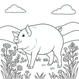 solo, single subject, one head, two eyes, two ears, four legs, one tail, natural proportions, proper scale in environment, anatomically correct, Pig, Daisy field, wildflowers, clear sky, warm sunlight, simple background, grassy, expansive, peaceful, gentle breeze, rolling hills, coloring page, line art, white background, solo, single subject, anatomically correct, perfect anatomy
