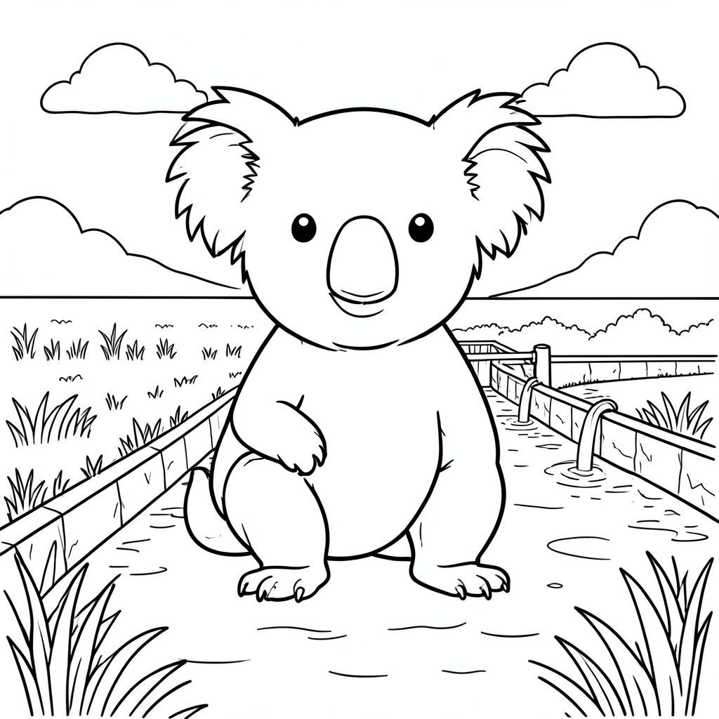 solo, single subject, one head, two eyes, two ears, four legs, one tail, natural proportions, proper scale in environment, anatomically correct, Koala, fields, irrigation, canal, water, sunlight, clear sky, simple background, clean, peaceful, rural, coloring page, line art, white background, solo, single subject, anatomically correct, perfect anatomy