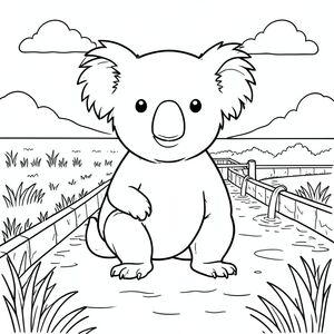solo, single subject, one head, two eyes, two ears, four legs, one tail, natural proportions, proper scale in environment, anatomically correct, Koala, fields, irrigation, canal, water, sunlight, clear sky, simple background, clean, peaceful, rural, coloring page, line art, white background, solo, single subject, anatomically correct, perfect anatomy