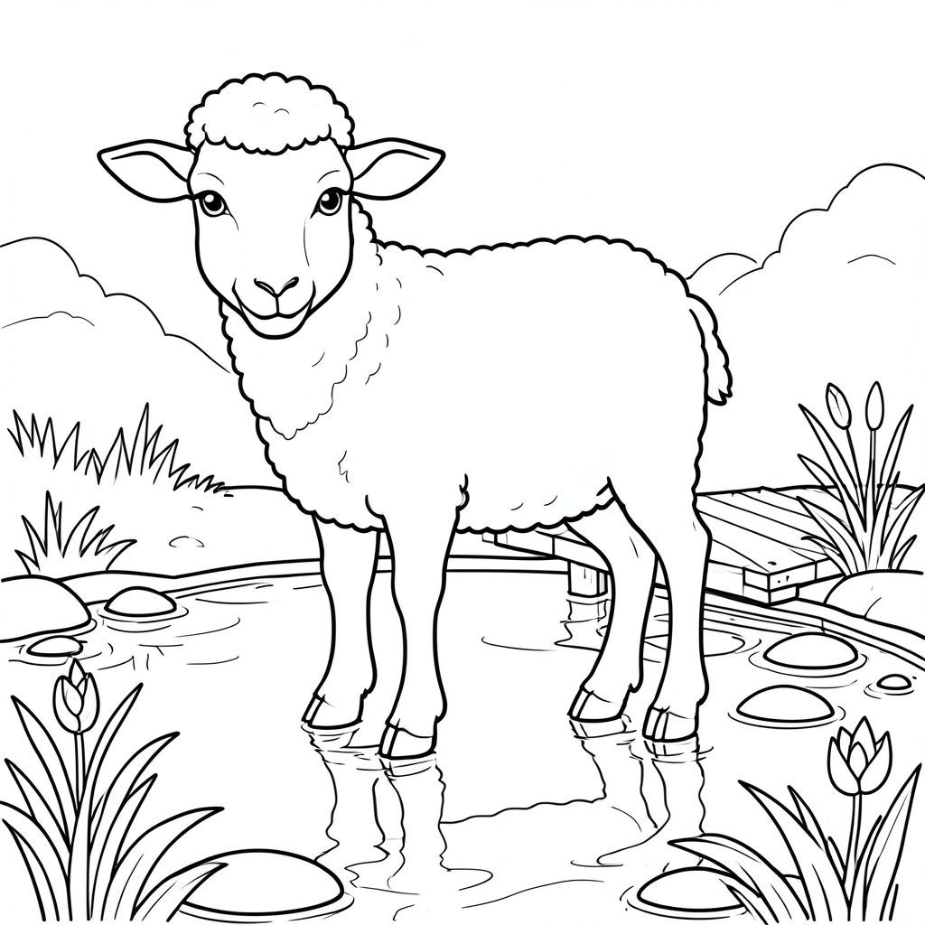 solo, single subject, one head, two eyes, two ears, four legs, one tail, natural proportions, proper scale in environment, anatomically correct, Sheep, Lily pond, pads, small dock, water, reflections, smooth stones, clear water, sunlight, simple background, clean lines, coloring page, line art, white background, solo, single subject, anatomically correct, perfect anatomy