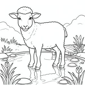 solo, single subject, one head, two eyes, two ears, four legs, one tail, natural proportions, proper scale in environment, anatomically correct, Sheep, Lily pond, pads, small dock, water, reflections, smooth stones, clear water, sunlight, simple background, clean lines, coloring page, line art, white background, solo, single subject, anatomically correct, perfect anatomy