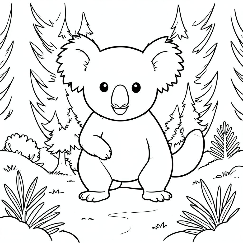 solo, single subject, one head, two eyes, two ears, four legs, one tail, natural proportions, proper scale in environment, anatomically correct, Koala, forest, path, pines, needles, soft, ground, sunlight, clear, simple, clean, coloring page, line art, white background, solo, single subject, anatomically correct, perfect anatomy
