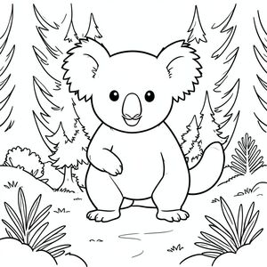 solo, single subject, one head, two eyes, two ears, four legs, one tail, natural proportions, proper scale in environment, anatomically correct, Koala, forest, path, pines, needles, soft, ground, sunlight, clear, simple, clean, coloring page, line art, white background, solo, single subject, anatomically correct, perfect anatomy