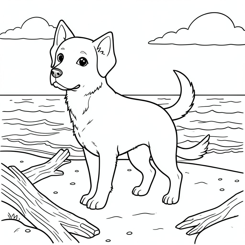 solo, chủ đề đơn, một đầu, hai mắt, hai tai, bốn chân, một đuôi, tỷ lệ tự nhiên, quy mô thích hợp trong môi trường, đúng giải phẫu,, bờ biển, cát, lũa, bờ biển, hoàng hôn, Bầu trời, sóng, đại dương, ấm áp, rõ ràng, trang màu, nghệ thuật đường, nền trắng, solo, chủ đề đơn, đúng về mặt giải phẫu, giải phẫu hoàn hảo