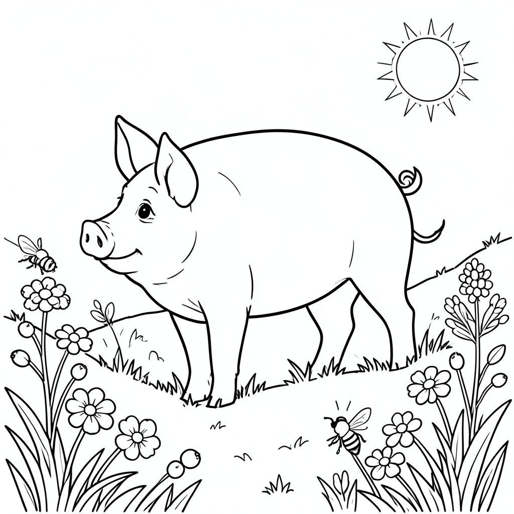 solo, chủ đề đơn, một đầu, hai mắt, hai tai, bốn chân, một đuôi, tỷ lệ tự nhiên, quy mô thích hợp trong môi trường, đúng giải phẫu, Con lợn, Quả mọng, sườn đồi, nắng, cỏ, hoa dại, ong, ù, đơn giản, sạch sẽ, lý lịch, tô màu, nghệ thuật đường, nền trắng, solo, chủ đề đơn, đúng giải phẫu, giải phẫu hoàn hảo