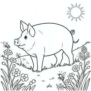 solo, chủ đề đơn, một đầu, hai mắt, hai tai, bốn chân, một đuôi, tỷ lệ tự nhiên, quy mô thích hợp trong môi trường, đúng giải phẫu, Con lợn, Quả mọng, sườn đồi, nắng, cỏ, hoa dại, ong, ù, đơn giản, sạch sẽ, lý lịch, tô màu, nghệ thuật đường, nền trắng, solo, chủ đề đơn, đúng giải phẫu, giải phẫu hoàn hảo