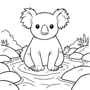 solo, chủ đề đơn, một đầu, hai mắt, hai tai, bốn chân, một đuôi, tỷ lệ tự nhiên, quy mô thích hợp trong môi trường, đúng giải phẫu, Koala, Suối, nước, đá, tròn, mịn, đánh bóng, rõ ràng, chảy, nhẹ nhàng, yên tĩnh, trang màu, nghệ thuật đường, nền trắng, solo, chủ đề đơn, đúng về mặt giải phẫu, giải phẫu hoàn hảo