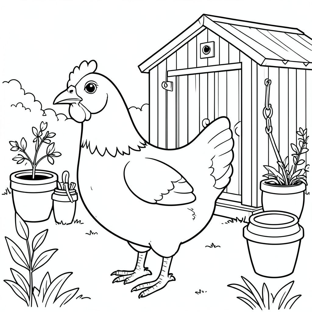 solo, một con chim, một đầu, hai mắt, một mỏ, hai cánh, hai chân, một đuôi, tỷ lệ tự nhiên, quy mô thích hợp trong môi trường, đúng giải phẫu, gà, vườn, nhà kho, đất nung, chậu, công cụ, móc, vườn, đơn giản, dọn dẹp, lý lịch, trang tô màu, nghệ thuật đường, nền trắng, solo, chủ đề đơn, đúng về mặt giải phẫu, giải phẫu hoàn hảo