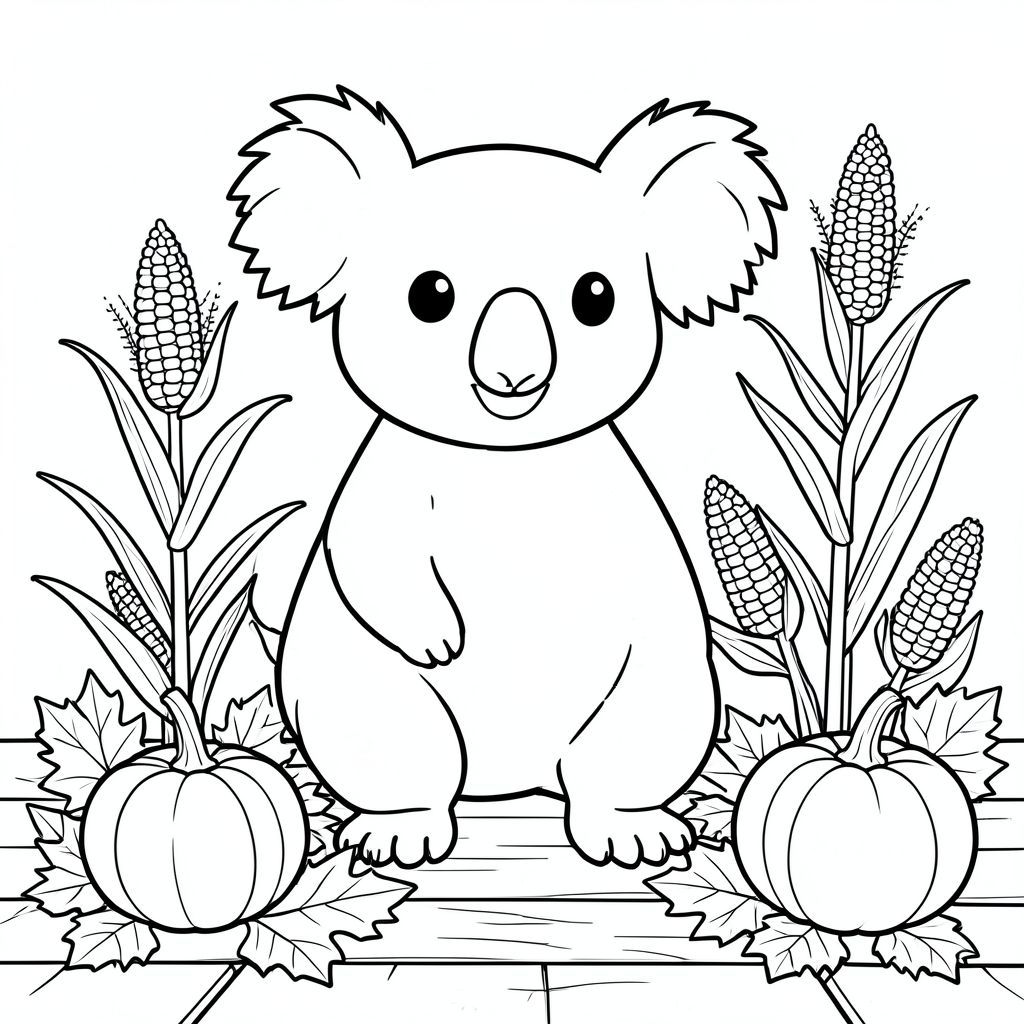 solo, chủ đề đơn, một đầu, hai mắt, hai tai, bốn chân, một đuôi, tỷ lệ tự nhiên, quy mô thích hợp trong môi trường, đúng giải phẫu, Koala, bí ngô, thân cây ngô, lá mùa thu, bàn thu hoạch, ván gỗ, nền đơn giản, đường sạch, sách truyện, thuần khiết, trang màu, nghệ thuật đường, nền trắng, solo, chủ đề đơn, đúng giải phẫu, giải phẫu hoàn hảo