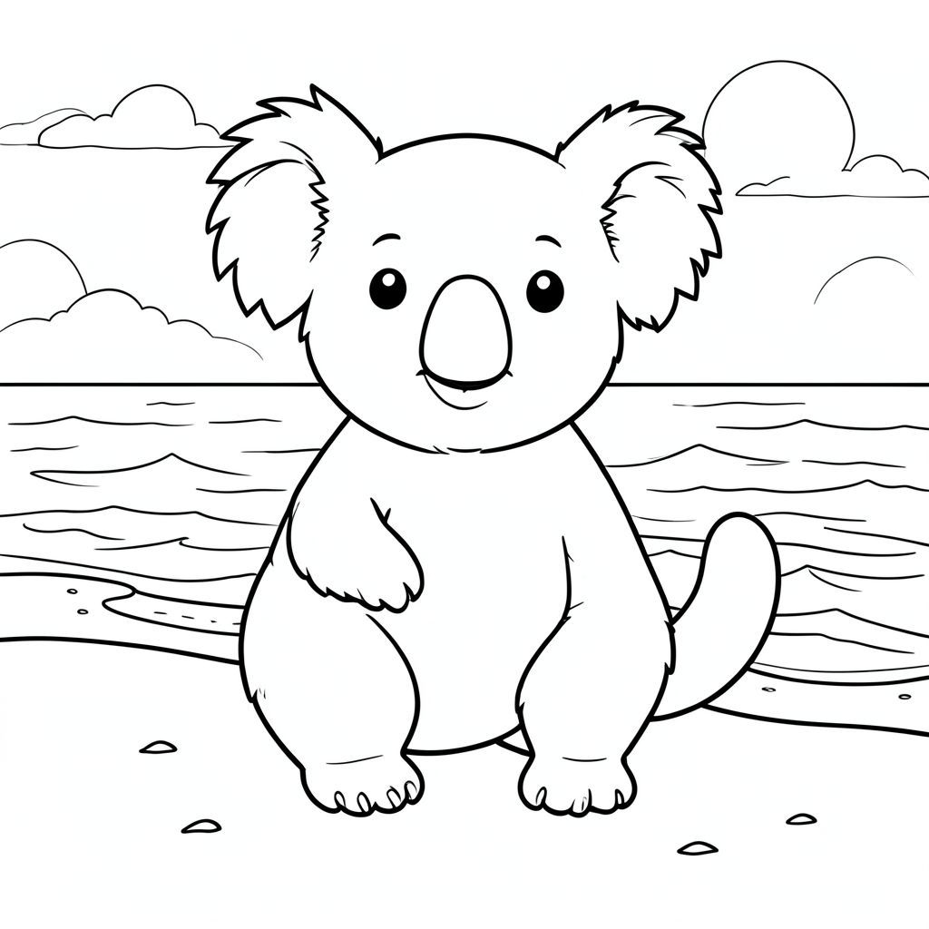 solo, chủ đề đơn, một đầu, hai mắt, hai tai, bốn chân, một đuôi, tỷ lệ tự nhiên, quy mô thích hợp trong môi trường, đúng về mặt giải phẫu, Koala, Hoàng hôn, bãi biển, cát, sóng, Nước, bầu trời quang đãng, ấm áp, nhẹ nhàng, mềm mại, điềm tĩnh, trang màu, nghệ thuật đường, nền trắng, solo, chủ đề đơn, đúng về mặt giải phẫu, giải phẫu hoàn hảo