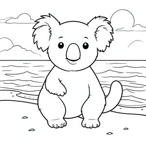 solo, chủ đề đơn, một đầu, hai mắt, hai tai, bốn chân, một đuôi, tỷ lệ tự nhiên, quy mô thích hợp trong môi trường, đúng về mặt giải phẫu, Koala, Hoàng hôn, bãi biển, cát, sóng, Nước, bầu trời quang đãng, ấm áp, nhẹ nhàng, mềm mại, điềm tĩnh, trang màu, nghệ thuật đường, nền trắng, solo, chủ đề đơn, đúng về mặt giải phẫu, giải phẫu hoàn hảo