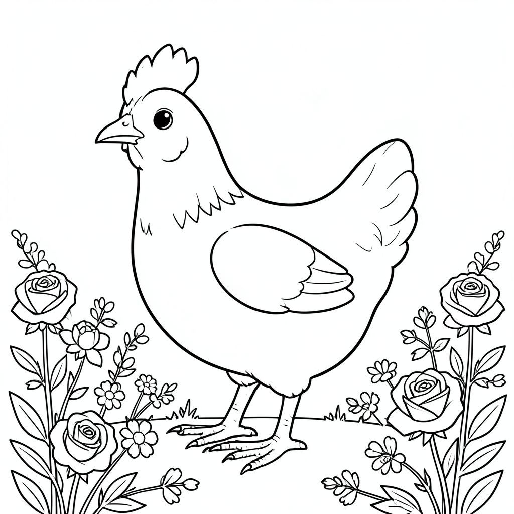 solo, một con chim, một đầu, hai mắt, một mỏ, hai cánh, hai chân, một đuôi, tỷ lệ tự nhiên, quy mô thích hợp trong môi trường, đúng giải phẫu, gà, Làn đường, hàng rào, hoa hồng, hoa dại, yên tĩnh, đơn giản, sạch sẽ, lý lịch, độc thân, nhỏ, trang tô màu, nghệ thuật đường, nền trắng, solo, chủ đề đơn, chính xác về mặt giải phẫu, giải phẫu hoàn hảo