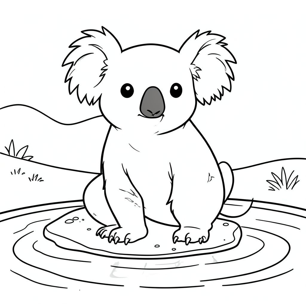 solo, chủ đề đơn, một đầu, hai mắt, hai tai, bốn chân, một đuôi, tỷ lệ tự nhiên, quy mô thích hợp trong môi trường, đúng giải phẫu, Koala, nước, bờ cát, đầu vào nhỏ, nền đơn giản, dọn dẹp, hòa bình, thanh thản, nước nông, ấm áp, rõ ràng, trang màu, nghệ thuật đường, nền trắng, solo, chủ đề đơn, đúng giải phẫu, giải phẫu hoàn hảo