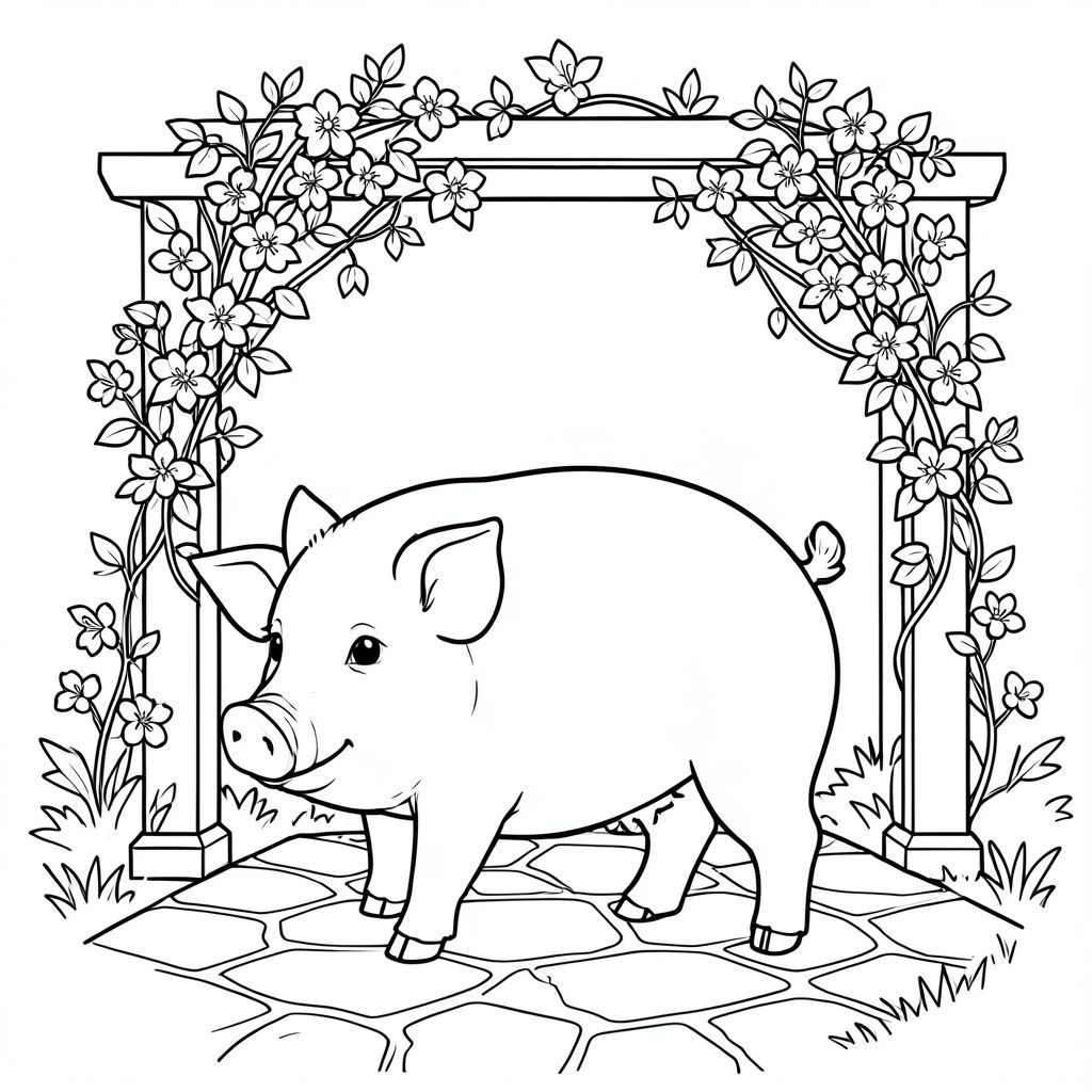 solo, chủ đề đơn, một đầu, hai mắt, hai tai, bốn chân, một đuôi, tỷ lệ tự nhiên, quy mô thích hợp trong môi trường, đúng giải phẫu, Con lợn, sân đá, giàn che, leo hoa nhài, hoa, nhỏ, đơn giản, dọn dẹp, lý lịch, vườn, hình chữ nhật, trang tô màu, nghệ thuật đường, nền trắng, solo, chủ đề đơn, đúng về mặt giải phẫu, giải phẫu hoàn hảo