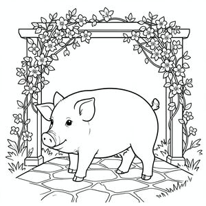 solo, chủ đề đơn, một đầu, hai mắt, hai tai, bốn chân, một đuôi, tỷ lệ tự nhiên, quy mô thích hợp trong môi trường, đúng giải phẫu, Con lợn, sân đá, giàn che, leo hoa nhài, hoa, nhỏ, đơn giản, dọn dẹp, lý lịch, vườn, hình chữ nhật, trang tô màu, nghệ thuật đường, nền trắng, solo, chủ đề đơn, đúng về mặt giải phẫu, giải phẫu hoàn hảo