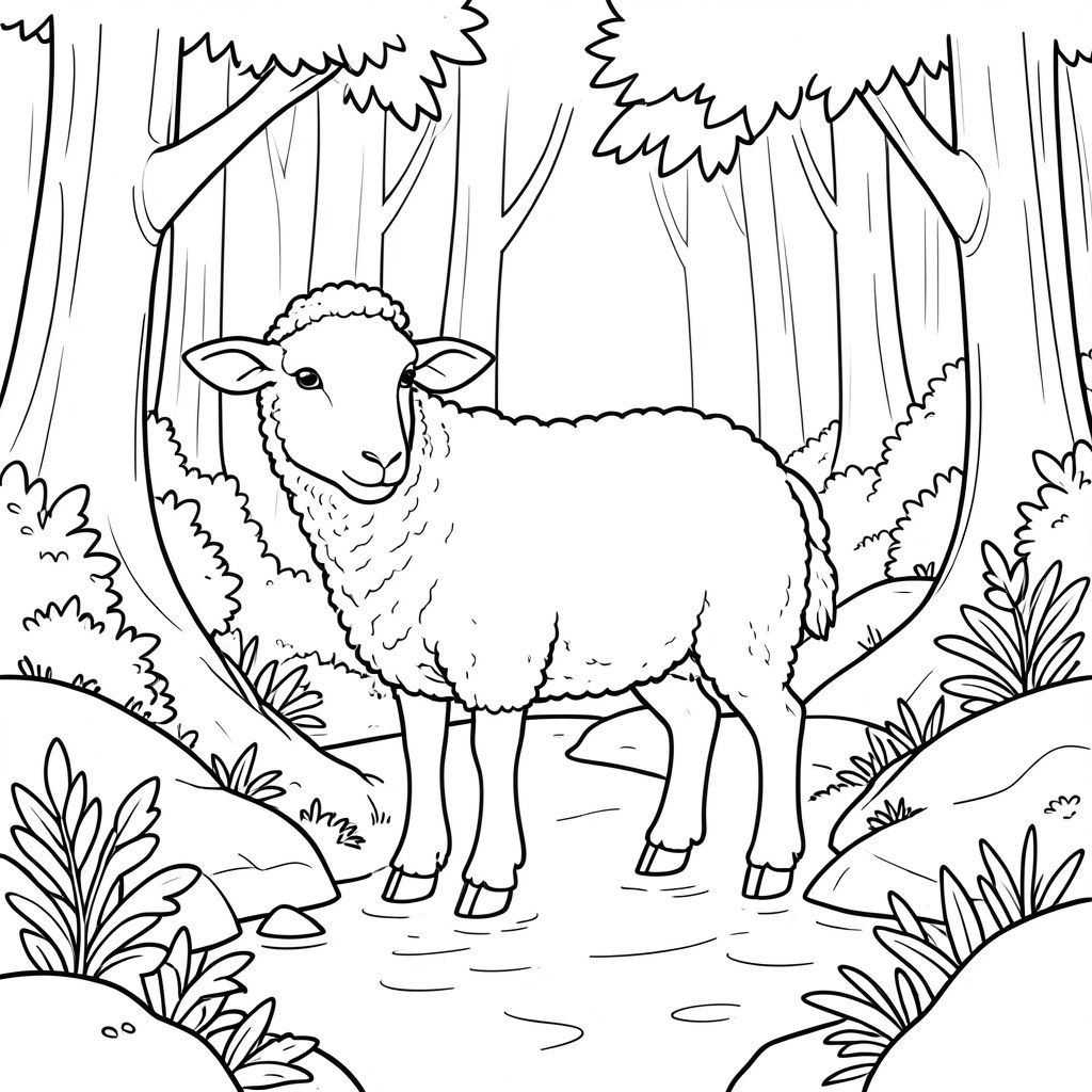 solo, chủ đề đơn, một đầu, hai mắt, hai tai, bốn chân, một đuôi, tỷ lệ tự nhiên, quy mô thích hợp trong môi trường, đúng giải phẫu, Cừu, Rừng cây, suối, Nước, vẫn còn, yên tĩnh, rừng, cây cối, tán lá, đá, rêu, trang màu, nghệ thuật đường, nền trắng, solo, chủ đề đơn, đúng về mặt giải phẫu, giải phẫu hoàn hảo