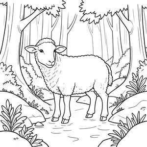 solo, chủ đề đơn, một đầu, hai mắt, hai tai, bốn chân, một đuôi, tỷ lệ tự nhiên, quy mô thích hợp trong môi trường, đúng giải phẫu, Cừu, Rừng cây, suối, Nước, vẫn còn, yên tĩnh, rừng, cây cối, tán lá, đá, rêu, trang màu, nghệ thuật đường, nền trắng, solo, chủ đề đơn, đúng về mặt giải phẫu, giải phẫu hoàn hảo