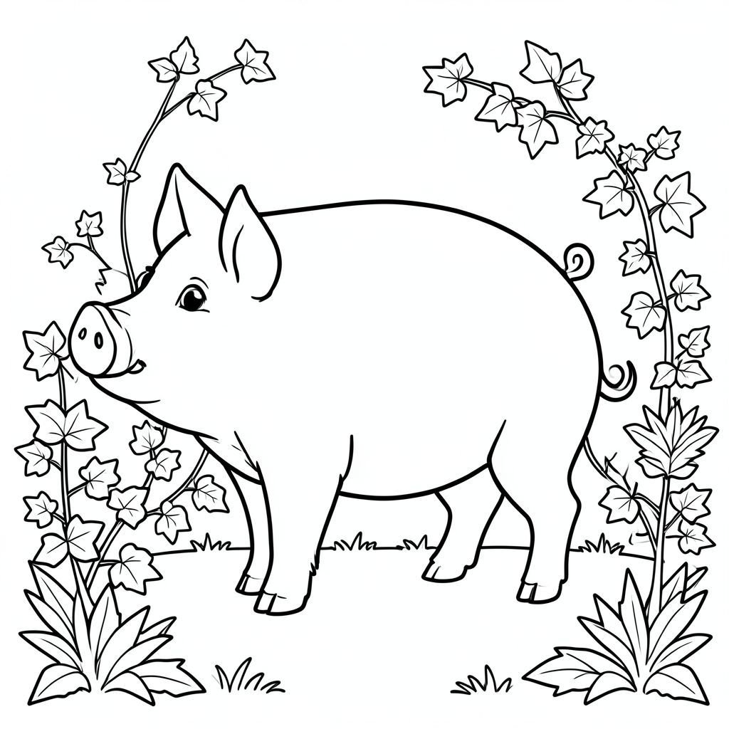 solo, single subject, one head, two eyes, two ears, four legs, one tail, natural proportions, proper scale in environment, anatomically correct, Pig, Stone well, garden, ivy, country, small, simple, clean, background, pure, simple, coloring page, line art, white background, solo, single subject, anatomically correct, perfect anatomy