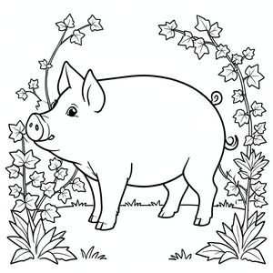 solo, single subject, one head, two eyes, two ears, four legs, one tail, natural proportions, proper scale in environment, anatomically correct, Pig, Stone well, garden, ivy, country, small, simple, clean, background, pure, simple, coloring page, line art, white background, solo, single subject, anatomically correct, perfect anatomy